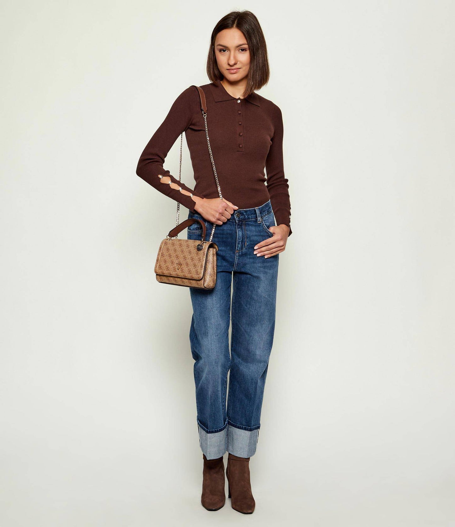 Guess - Noelle Beige Monogram Shoulder Bag